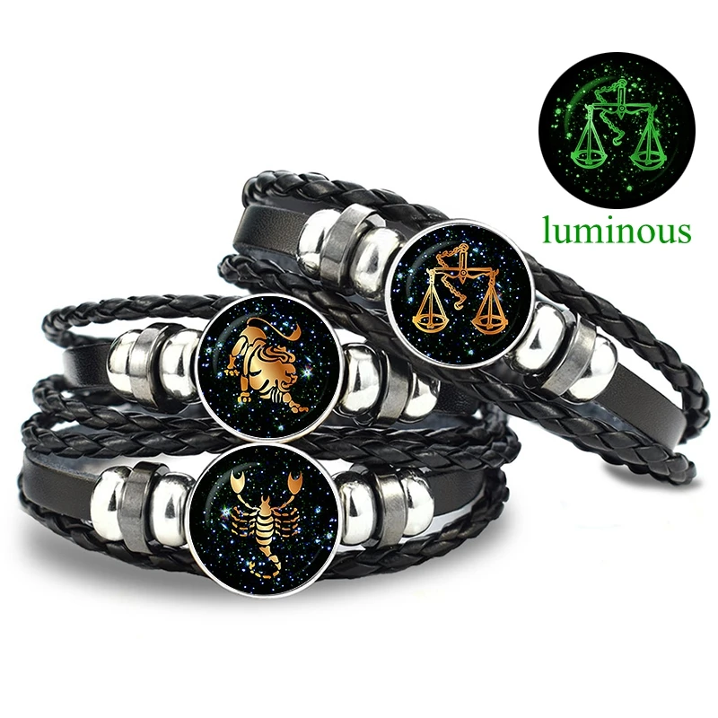 

Luminous 12 Constellation Zodiac Leather Bracelet for Men Women Braided Rope Bracelets Birthday Gift Glow In The Dark Bracelet