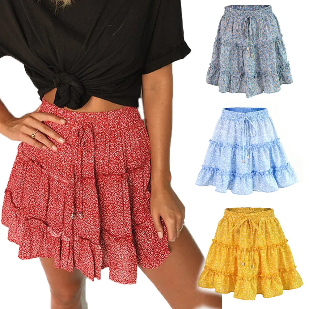 

Fashion High Waist New Sexy Women Frills Skirt for Women Broken Flower Half-length Skirt Printed Beach A Short Mini Skirts