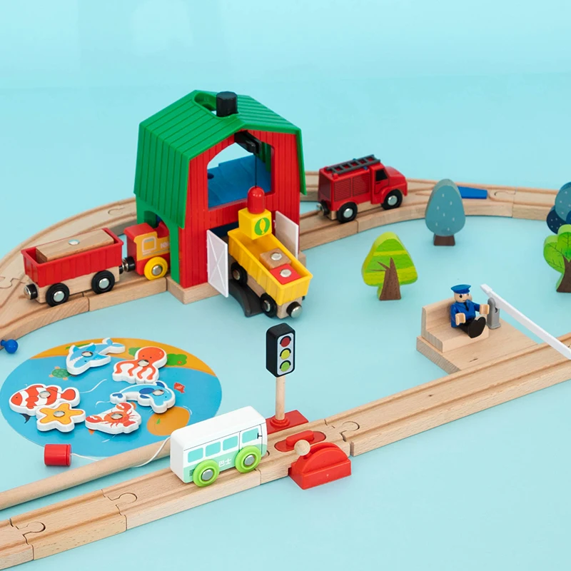 

Boy Wooden Blocks Set Toy Double Bridge Track