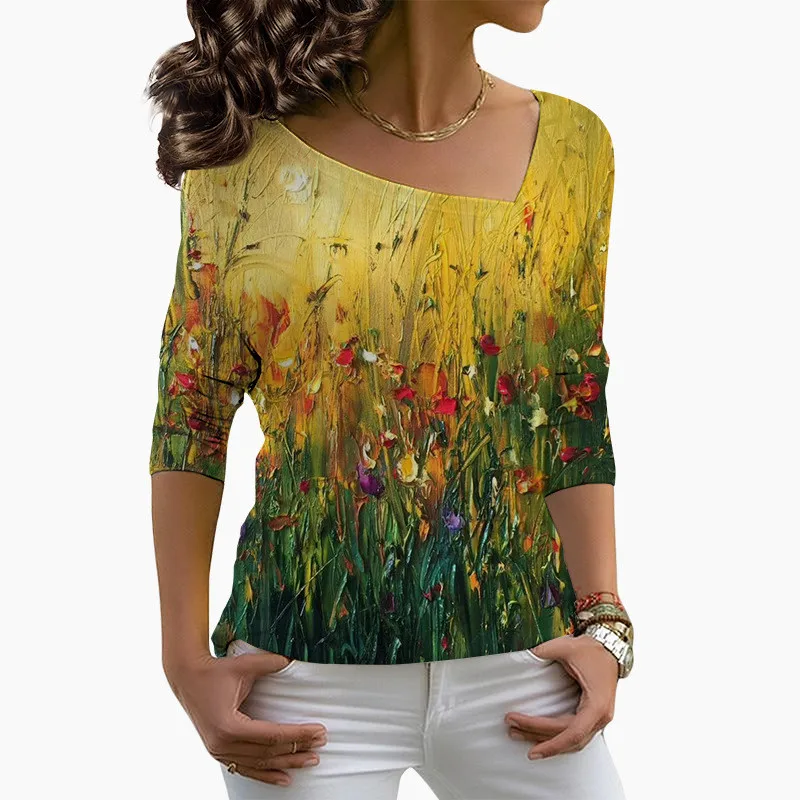 

Женская футболка с длинным рукавом, повседневный Свободный пуловер с диагональным воротником и цветочным принтом, весна 2022