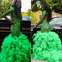 lime green 2021 mermaid prom dresses long sleeve sequined ruffles evening gowns plus size formal dress