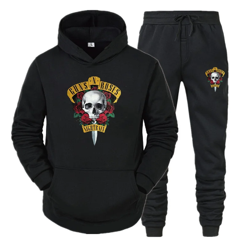 

Winter Fashion Rock Gun N Rose Band Harajuku Men's Long Sleeve + Elastic Pants Casual Hoodie Fleece Suit Hip Hop Warm Sweater