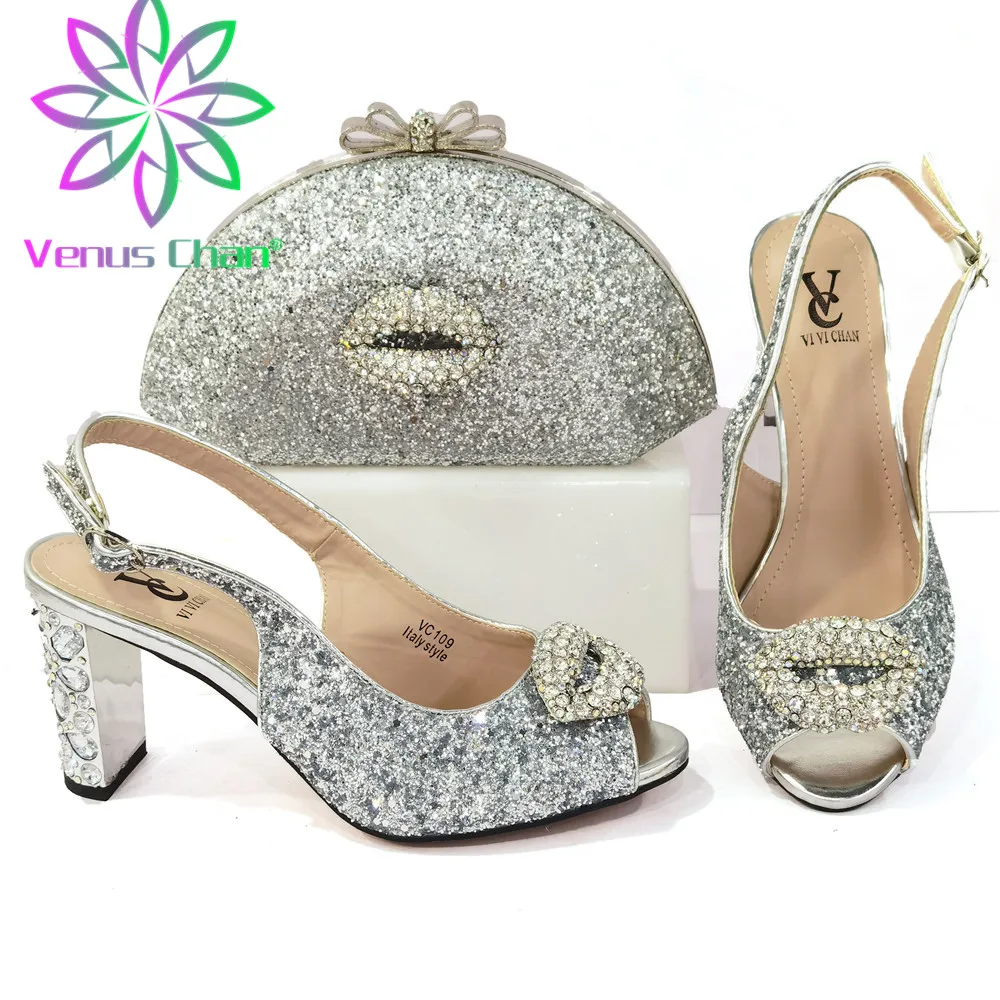 

Nigerian 2021 New Italian Design Fashion Metal and Platform Style Silver Color High Heels Party Wedding Ladies Shoes and Bag Set