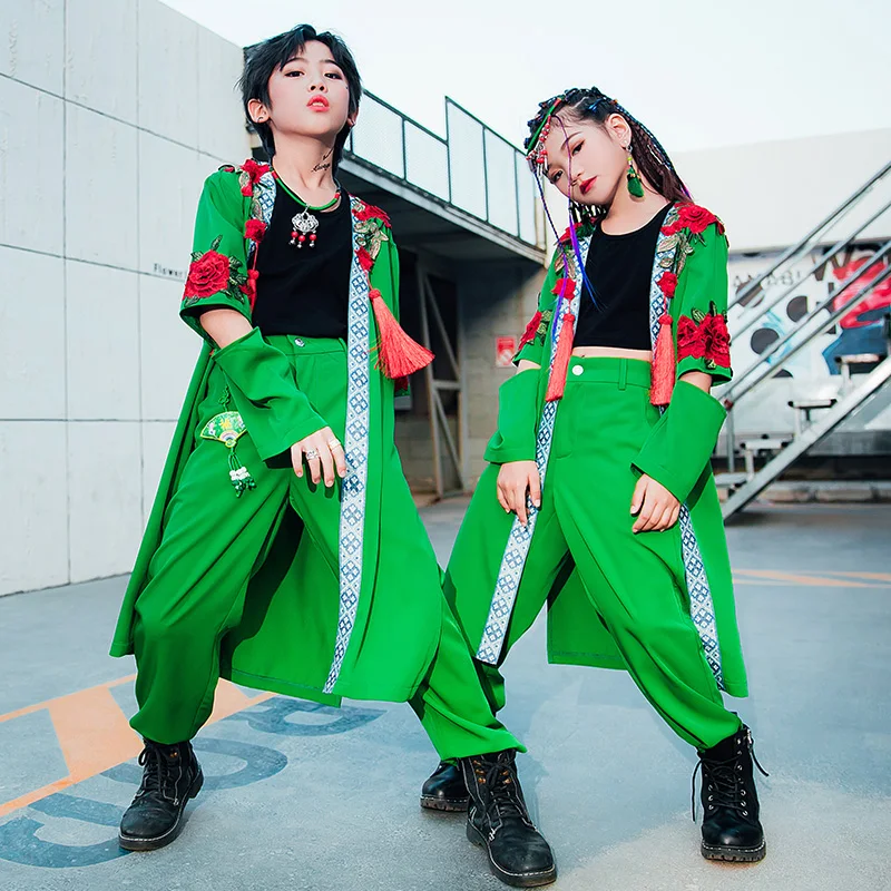 

Children Street Dance HipHop Costume Chinese Folk Dance Green Suit Boys/Girls Jazz Dancwear Fashion Catwalk Show Outfits DQL4827