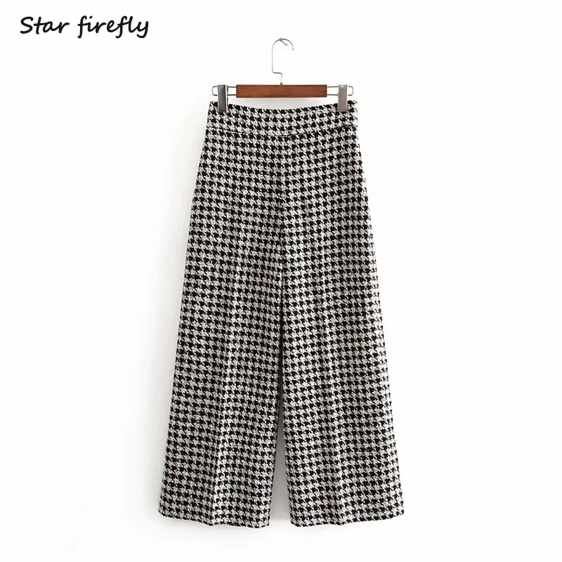 Star firefly, модные женские брюки Za,, Осенние, повседневные, свободные, высокая талия, прямые брюки, официальный, Хаундстут, брюки для женщин