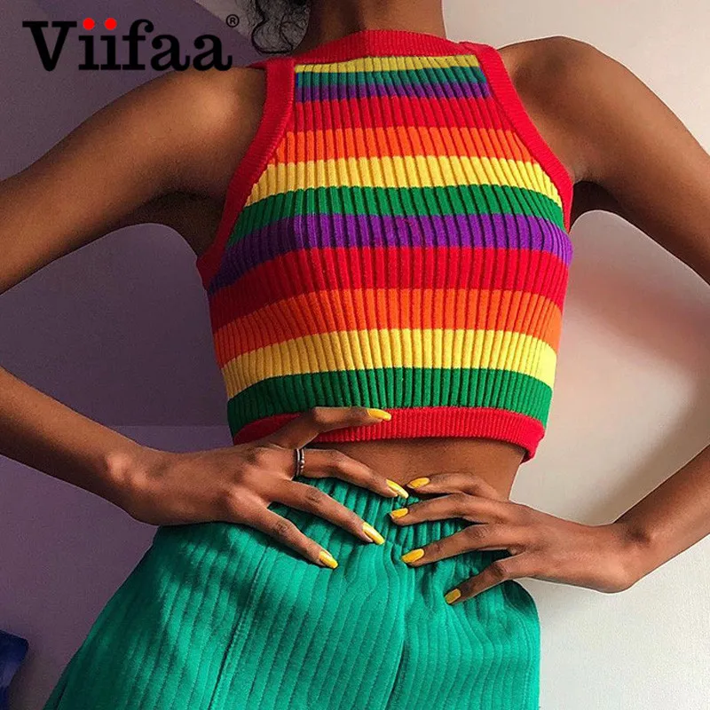 Viifaa многоцветный полосатый вязаный короткий жилет свитер для женщин без рукавов