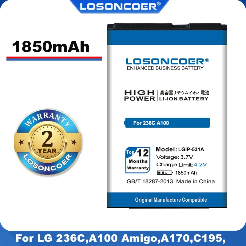 100% Оригинальный аккумулятор LOSONCOER LGIP 531A 1850 мАч для LG 236C A100 Amigo A170 C195 G320GB GB100 GB101 GB106