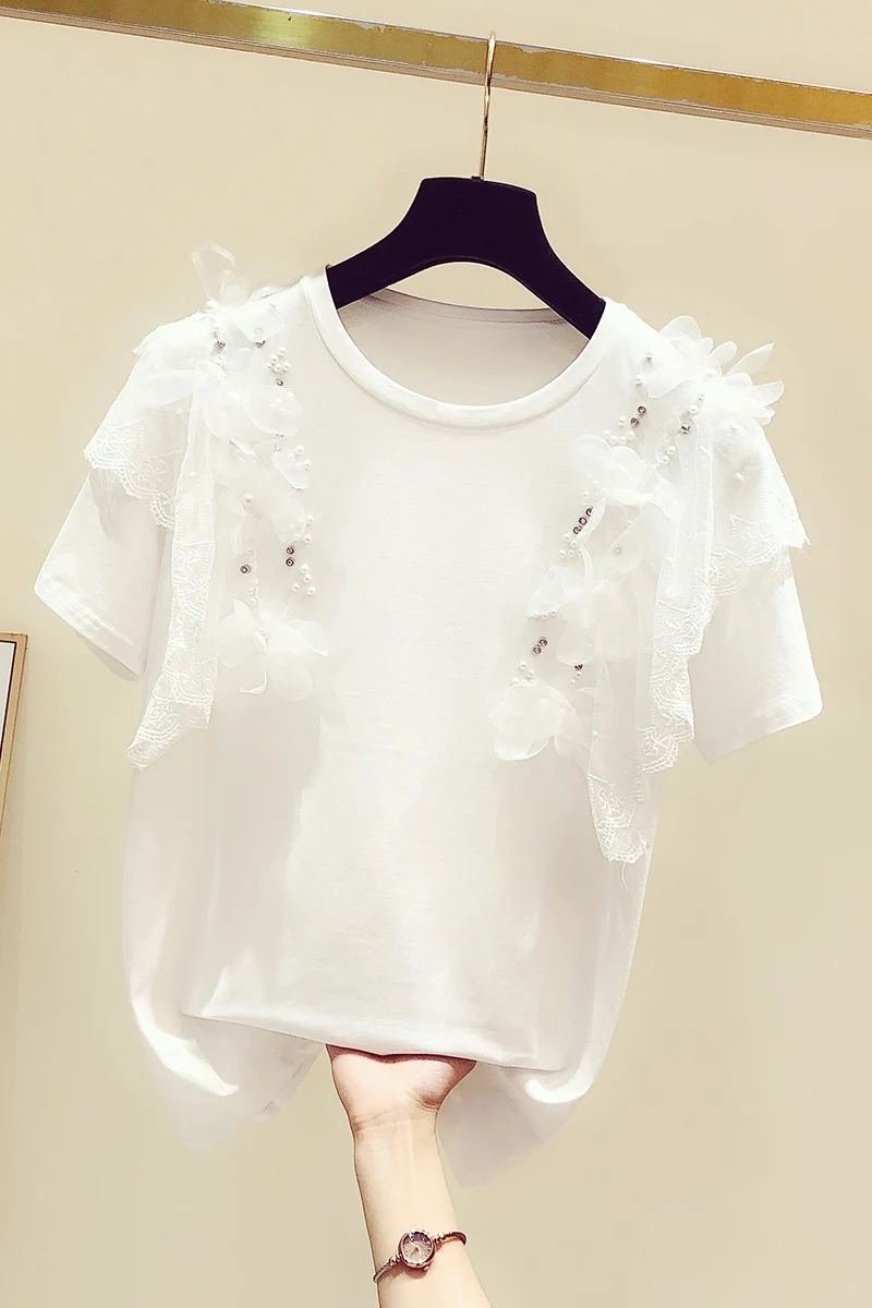 

Women T Shirt 2021 Summer Wear New Casual Top Lace Petals Beads Rhinestones Stitching Round Neck Short-Sleeved T-shirt Female