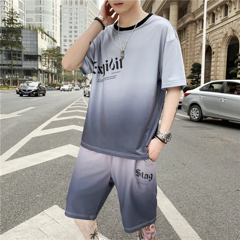 Костюм спортивный Мужской Хлопковый удобная футболка и шорты однотонный костюм