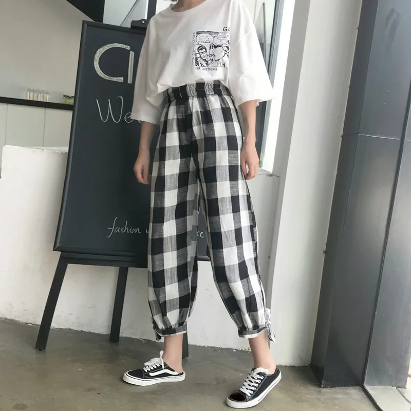 

2020 New Fashion Women Autumn Casual Pants Clothes Black White Plaid Female Harem Pants Loose Drawstring Pants Clothing