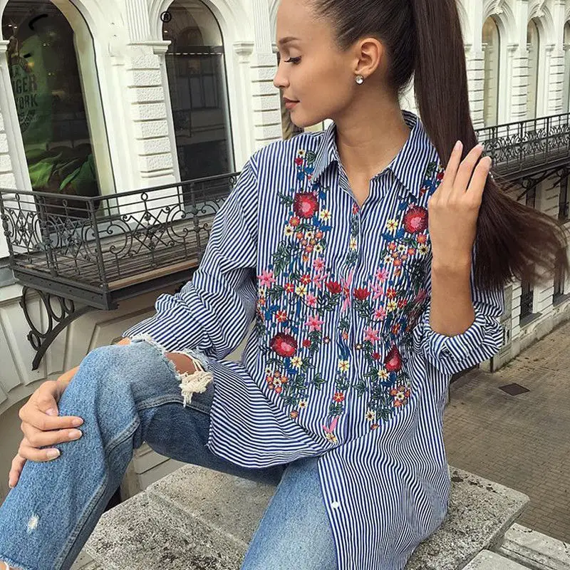 Брендовая Новая женская Повседневная Блузка с цветочной вышивкой Женская