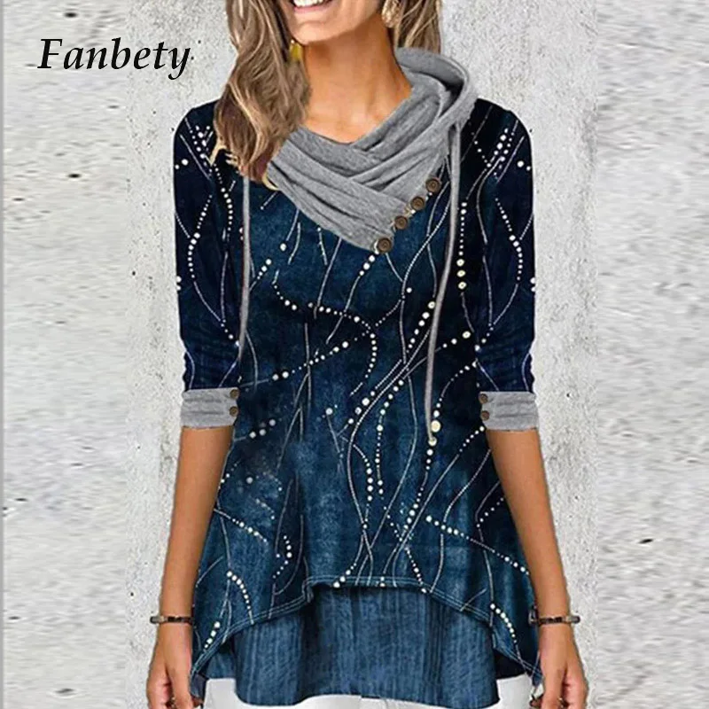 

2021 Spring Half Sleeve Hooded Ladies Tops Women Elegant Retro Printed Irregular Blouses Casual Loose Plus Size Shirt Blusas 5XL