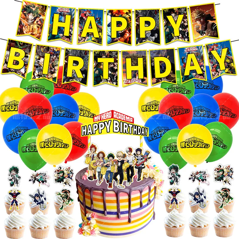 

My Hero Theme Party Decoration Set Banner Streamer+Balloon+Cake Toppers 46Pcs Kids Party Cartoon Anime Party Supplies Decor