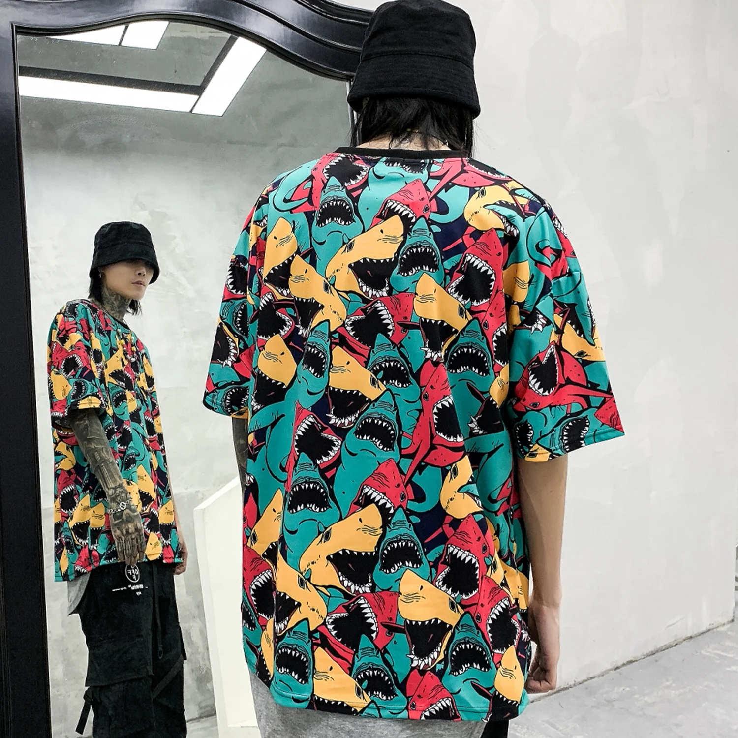 11 BYBB'S DARK хип хоп Уличная Футболка мужская Harajuku 2020 Цветные Блоки Акула граффити