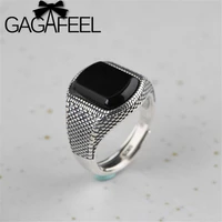 gagafeel 925 sterling silver black stone rings for men women vintage silver open ring punk thai silver jewelry