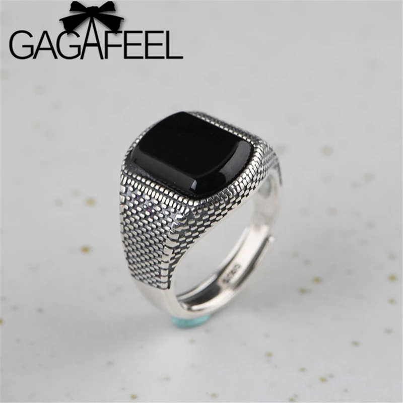 GAGAFEEL 925 Стерлинговое Серебро Кольца c черным камнем для мужчин женщин винтажное