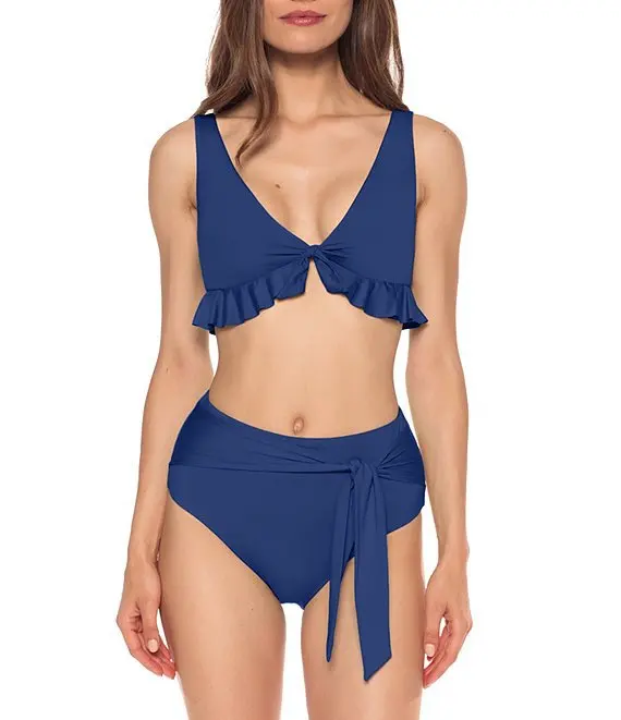 

Dark Blue Color Lace Sling Two-Piece Swimsuit Bandage Bow Knot Mid-Waist Bikini Gathered Ruffle Summer Beach Wear