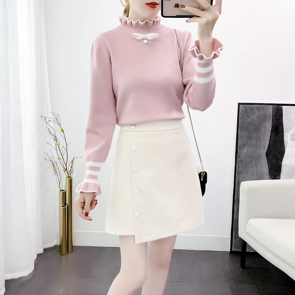 

New winter sweaters skirt fashion long-sleeved sweater student irregular skirts two-piece suit lotus leaf women outfit knitwear