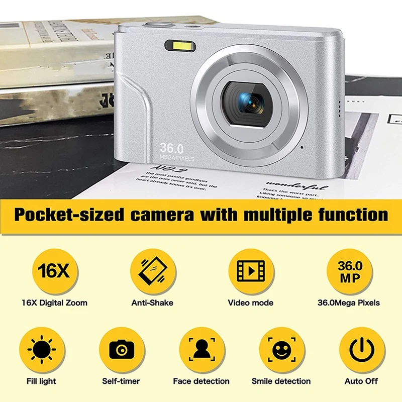 1080P 36.0 Mega Pixels Digital Camera with 16X Zoom LCD Screen Portable Mini Cameras for Students Teens | Электроника