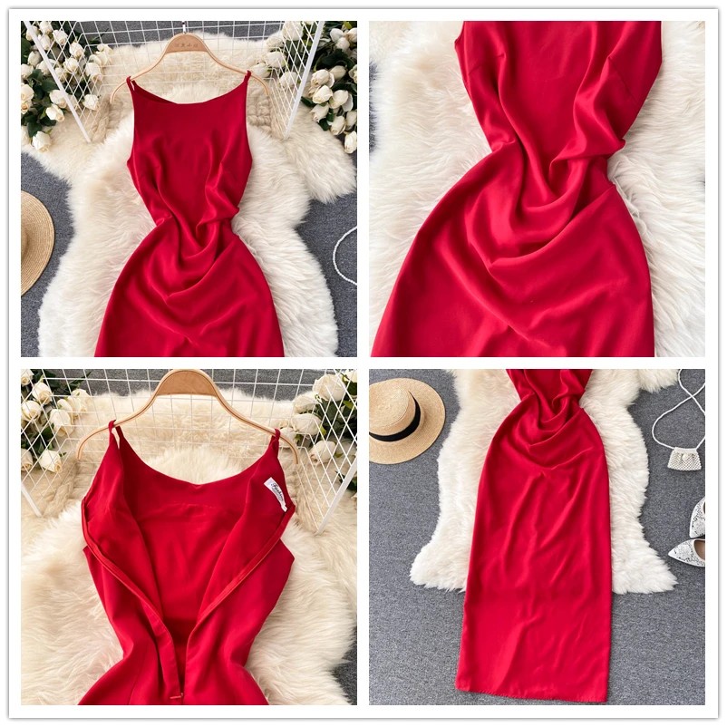 

Women Korean Strap Dress Sexy Sleeveless Solid Slim Party Dresses 2021 Summer Elegant Off Shoulder Split Long Sundress