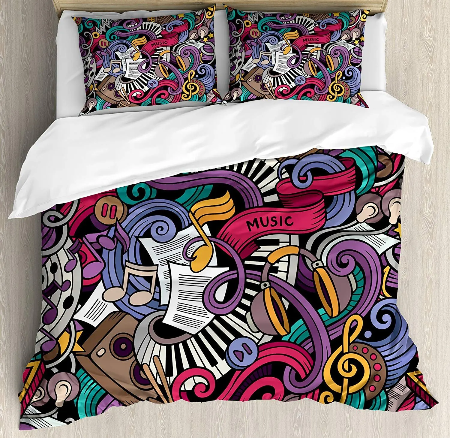 

Doodle Bedding Set Music Themed Hand Drawn Abstract Instruments Microphone Drums Keyboard Stradivarius Duvet Cover Pillowcase