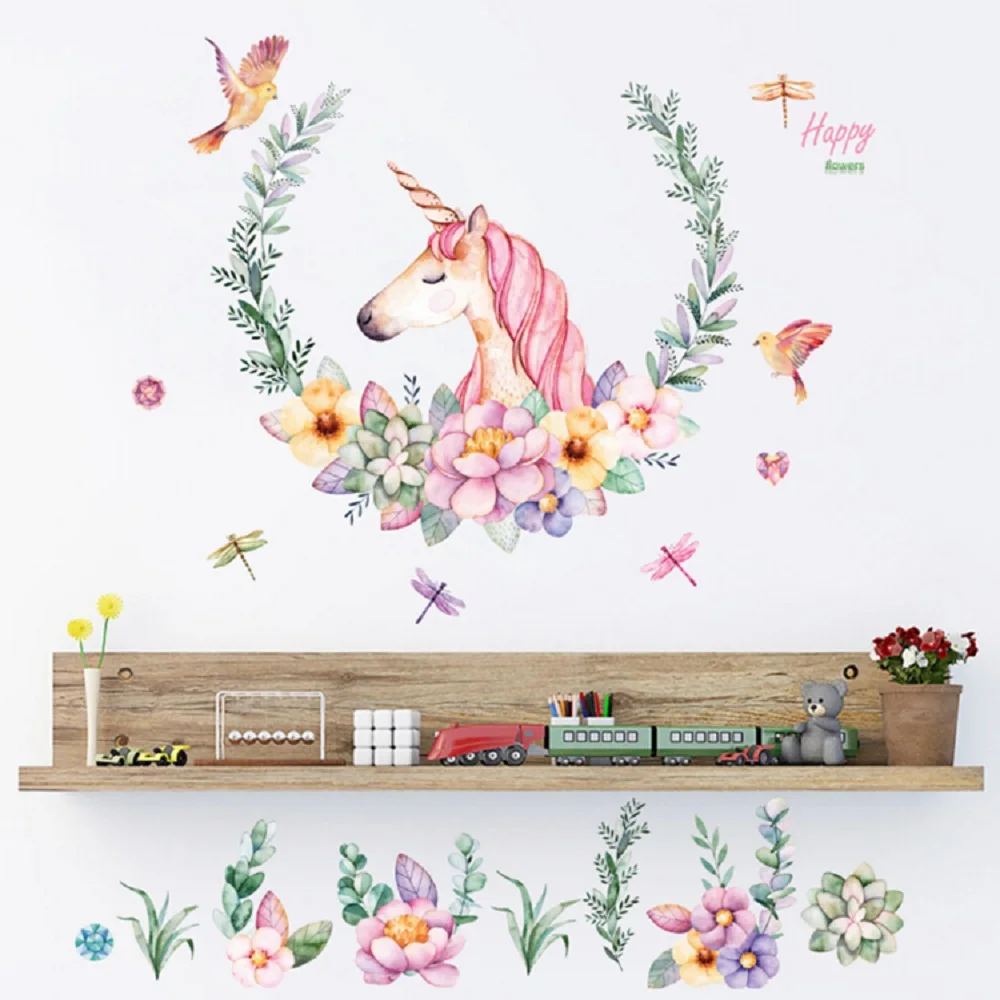 

Cartoon Unicorn petal birds large wall stickers animal home decor living room bedroom art decals wallpaper