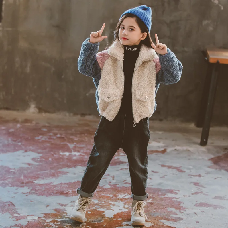 3-12 years old girls winter thickened warm jacket woolen lamb velvet coat letters color matching girl | Мать и ребенок