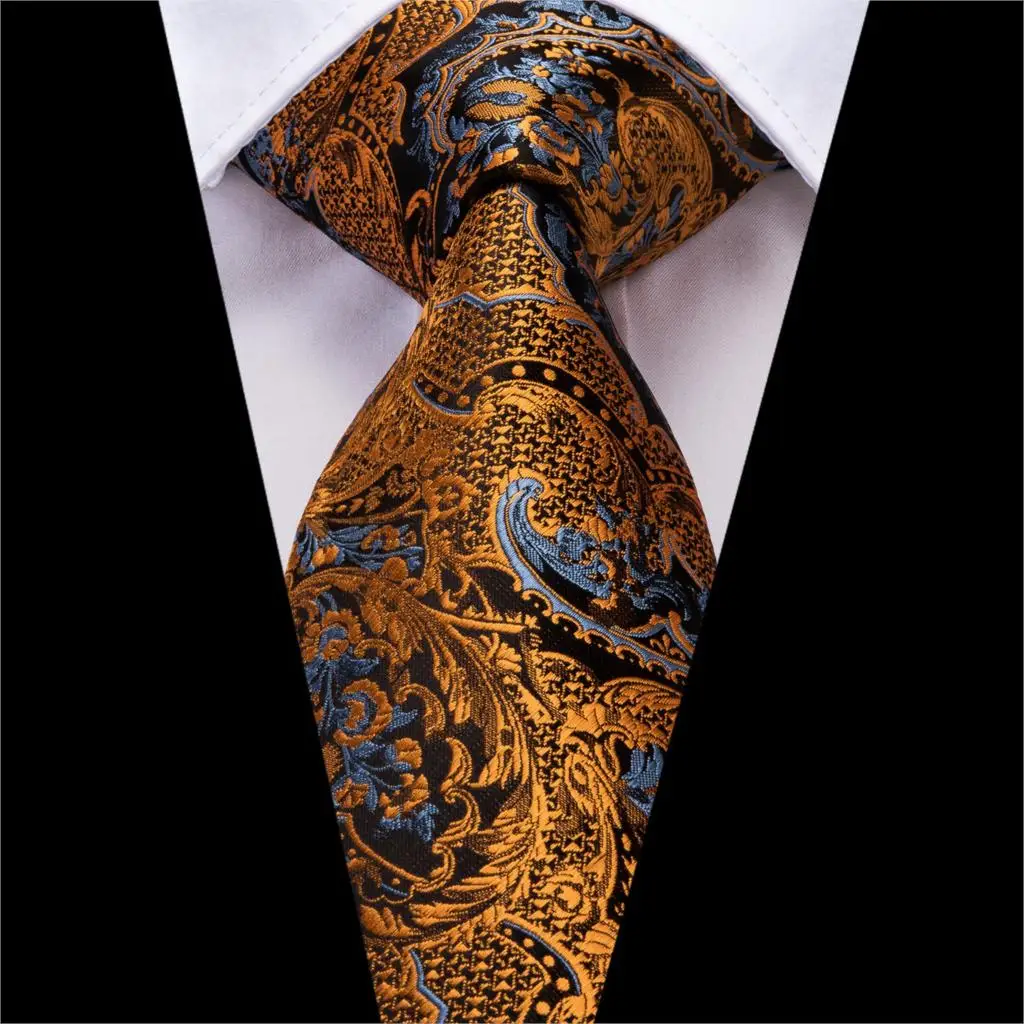 Hi-Tie шелк роскошные мужские галстуки цветочный черный золотистые Галстуки Пейсли галстук карманные Квадратные запонки набор мужской свадебный галстук