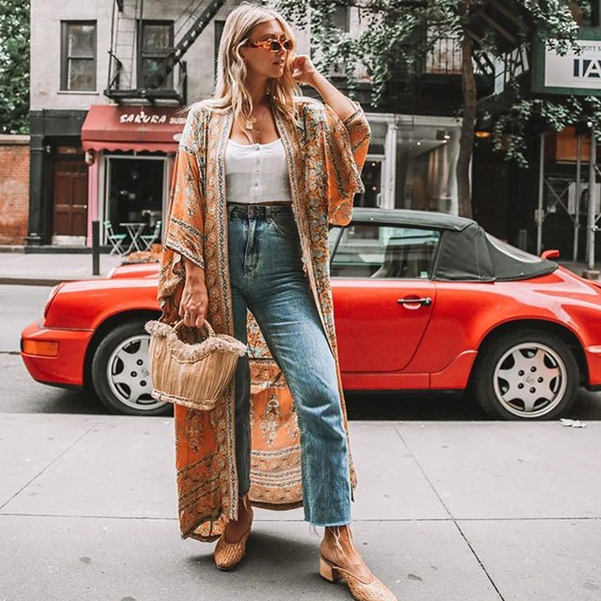 Женская куртка с цветочным принтом в богемном стиле кардиган-кимоно рукавом