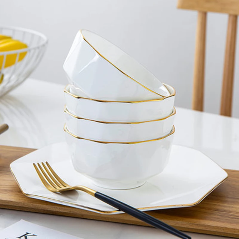 

Phnom Penh Bone China Bowl Set 4.5inch Noodle Bowl White Tableware Ceramic 6-inch Large Octagonal Soup Bowl Household Rice Bowl