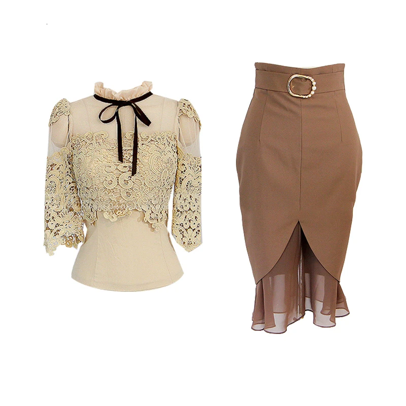 

Foamlina Elegant Women Suit Dress Bowtie Stand Collar Half Sleeve Lace Shirt High Waist Chiffon Patchwork Pencil Skirt 2 pcs set