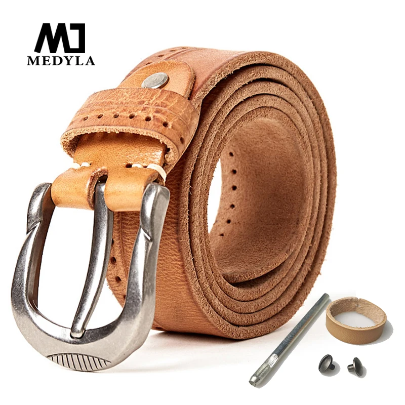 MEDYLA-Cinturón de cuero con hebilla de metal duro para hombre, cinturón de marca de cuero italiano suave, diseño retro original, accesorios para pantalones informales