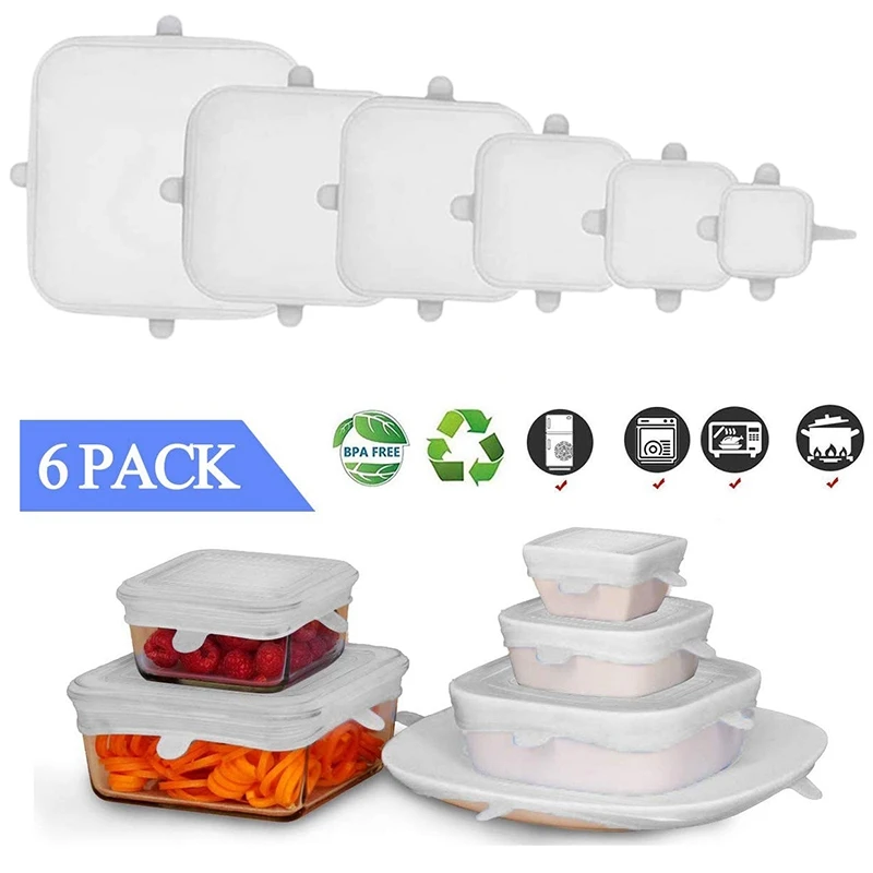 

6 шт многоразовые силиконовые крышки, квадратные крышки для Еда чаша для замены обертывания контейнер крышками, для микроволновой печи посу...