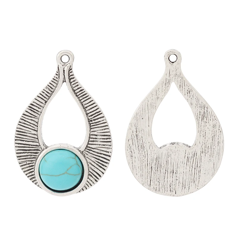 

6pcs/lot Tibetan Silver Boho Blue Imitation Stone Water Drop Charms Pendants for Necklace Earring Jewelry Making 35x23mm