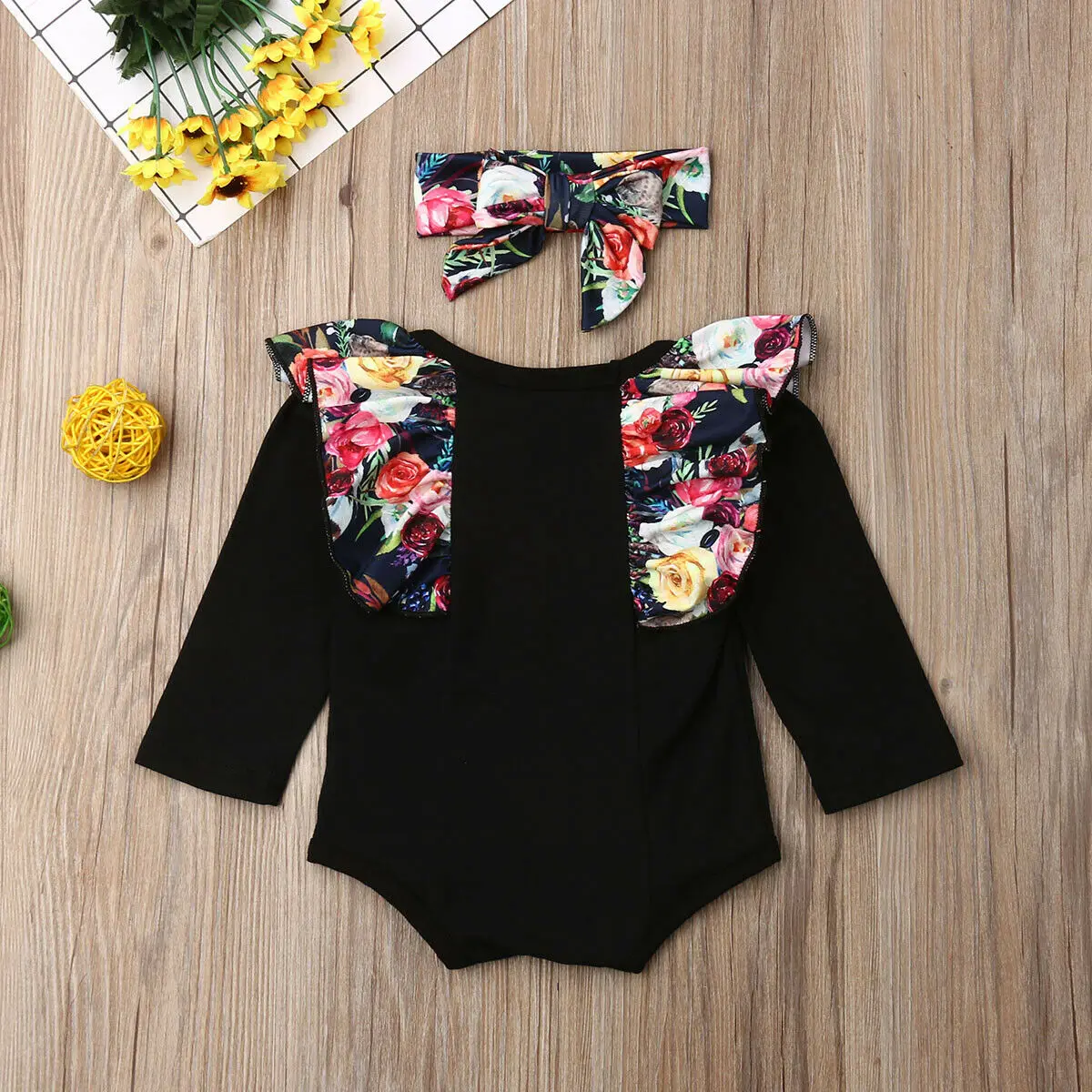 2019 Самые новые горячие новорожденные дети Девочки Рюши Флоральное плечо 2 шт. Тельняшки Комбинезон Наряды Кежуал Хлопковая одежда.