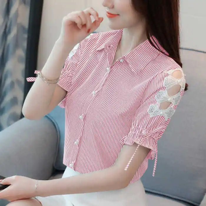 

Hollow 3/4 Sleeve Lace Shirt Lapel Single-breasted Splicing Trumpet Sleeve Lace Striped Chiffon Blouses Female Spring Autumn