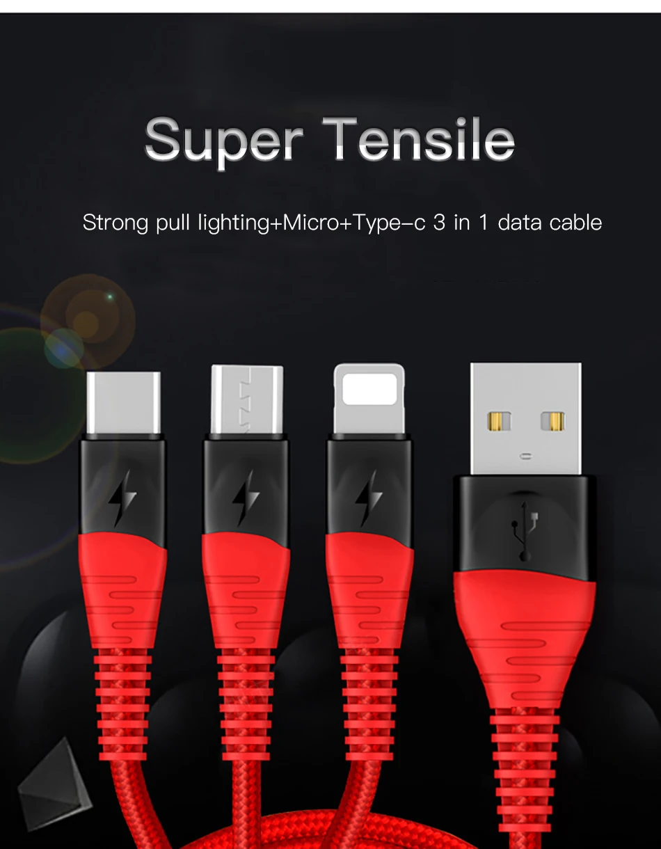 ACCEZZ 3 в 1 USB зарядное устройство кабель для передачи данных 3A Быстрая зарядка для iPhone 7 8 6 X XS XR samsung Xiaomi huawei прочный кабель для мобильного телефона