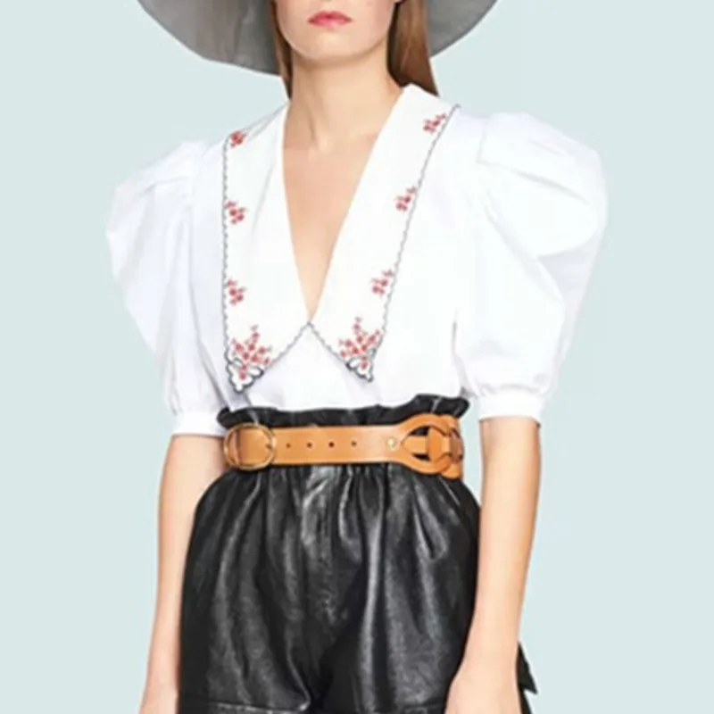 Женская белая блузка 2020 Весенняя винтажная Цветочная вышивка длинный рукав с