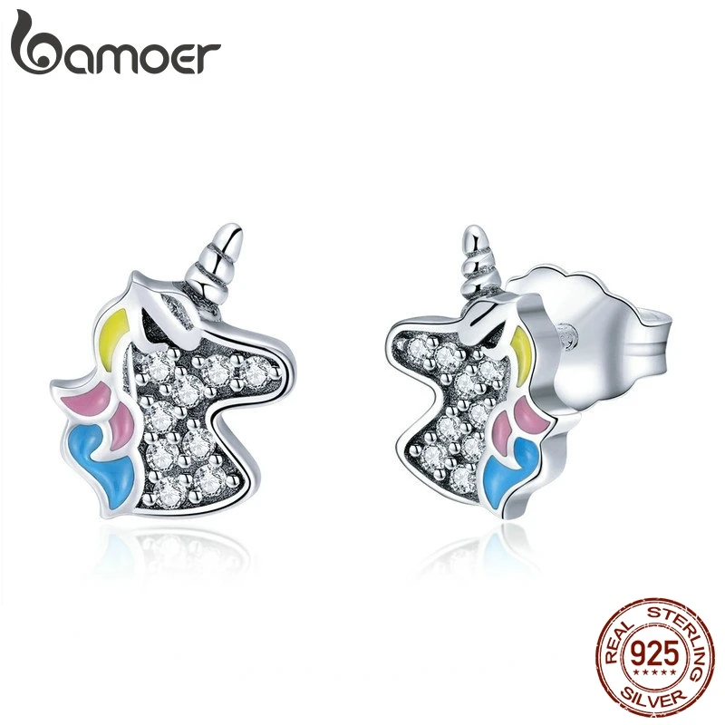 Bamoer 925 пробы серебряные ослепительные серьги-гвоздики с эффектом памяти Единорог серебро для женщин и девочек Стерлинговое Серебро-ювелирные изделия SCE426