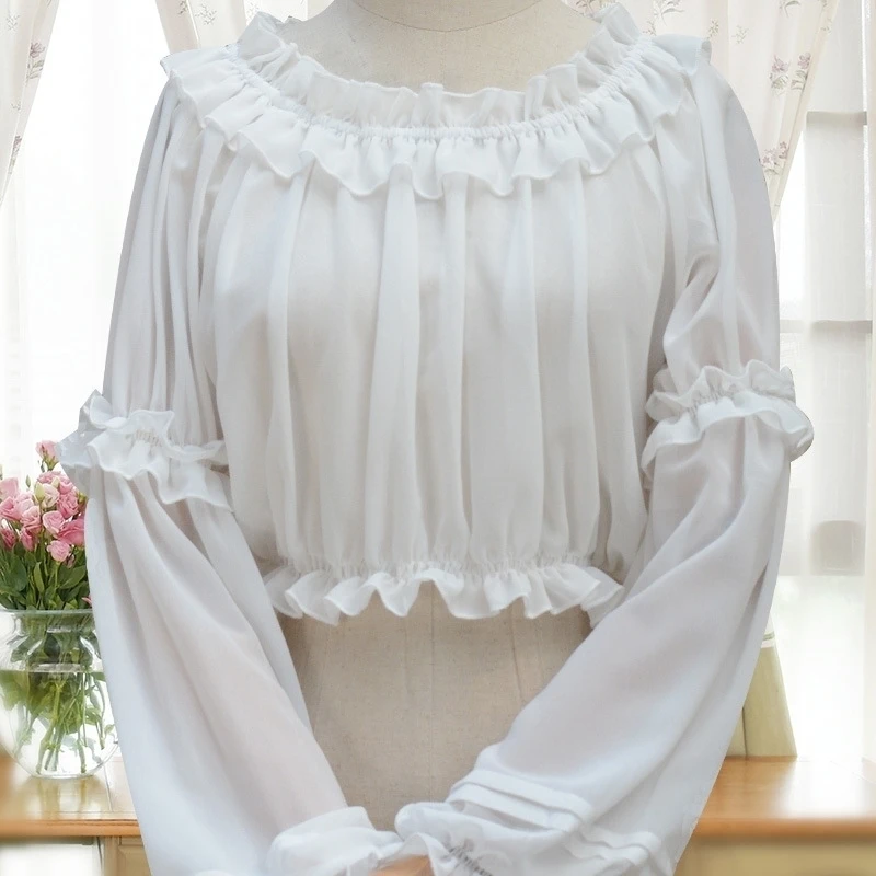 

Summer Women Spring Chiffon Short Lolita Shirt Gothic Victorian Blouse Girls Casual Bottoming Shirt White Black Strapless Tops