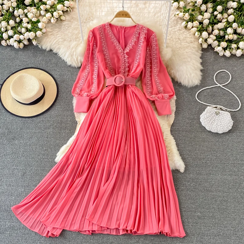 

WomenTemperament V Neck Buttoned Waist And Thin Elegant Pleated Chiffon Lace Maxi Dress Bandage Vestidos SD029