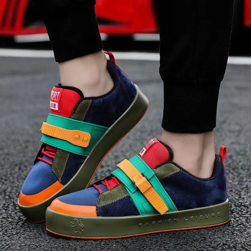 Кроссовки мужские на платформе дышащие сникерсы с цветной пряжкой микрофибра