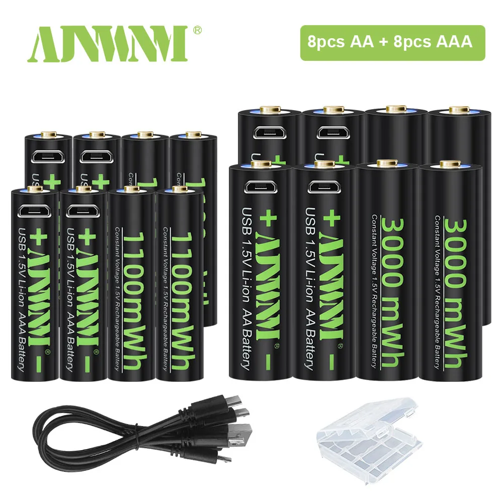 

AJNWNM 1.5V USB Li-ion AAA Rechargeable Batteries 1100mWh + USB 1.5V AA Rechargeable Battery 3000mWh with USB Cable