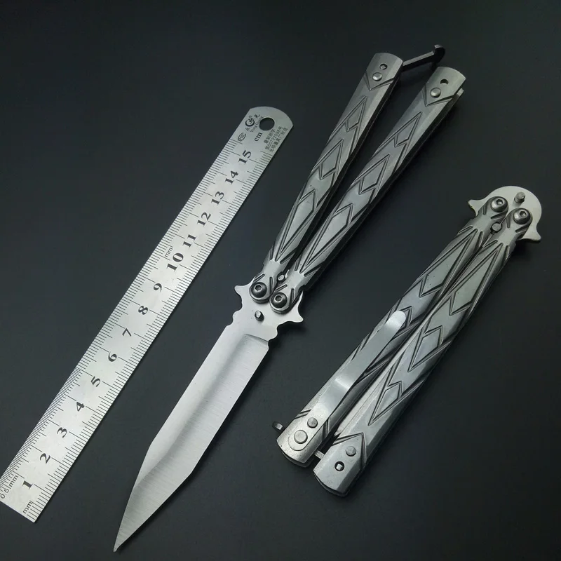 

No Edge Stainless Steel Silver Black Practice Butterfly in Knife Trainer Training Folding Knife EDC Tool Outdoor Camping Knife