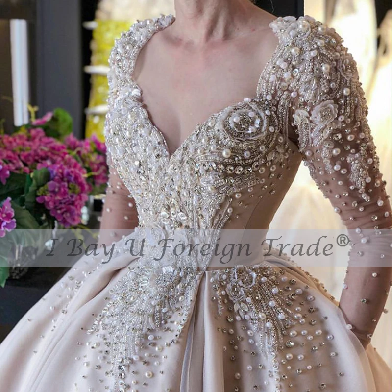 

Великолепное бальное платье с аппликацией из тяжелых кристаллов и жемчуга, свадебные платья 2021, роскошные свадебные платья с V-образным выр...