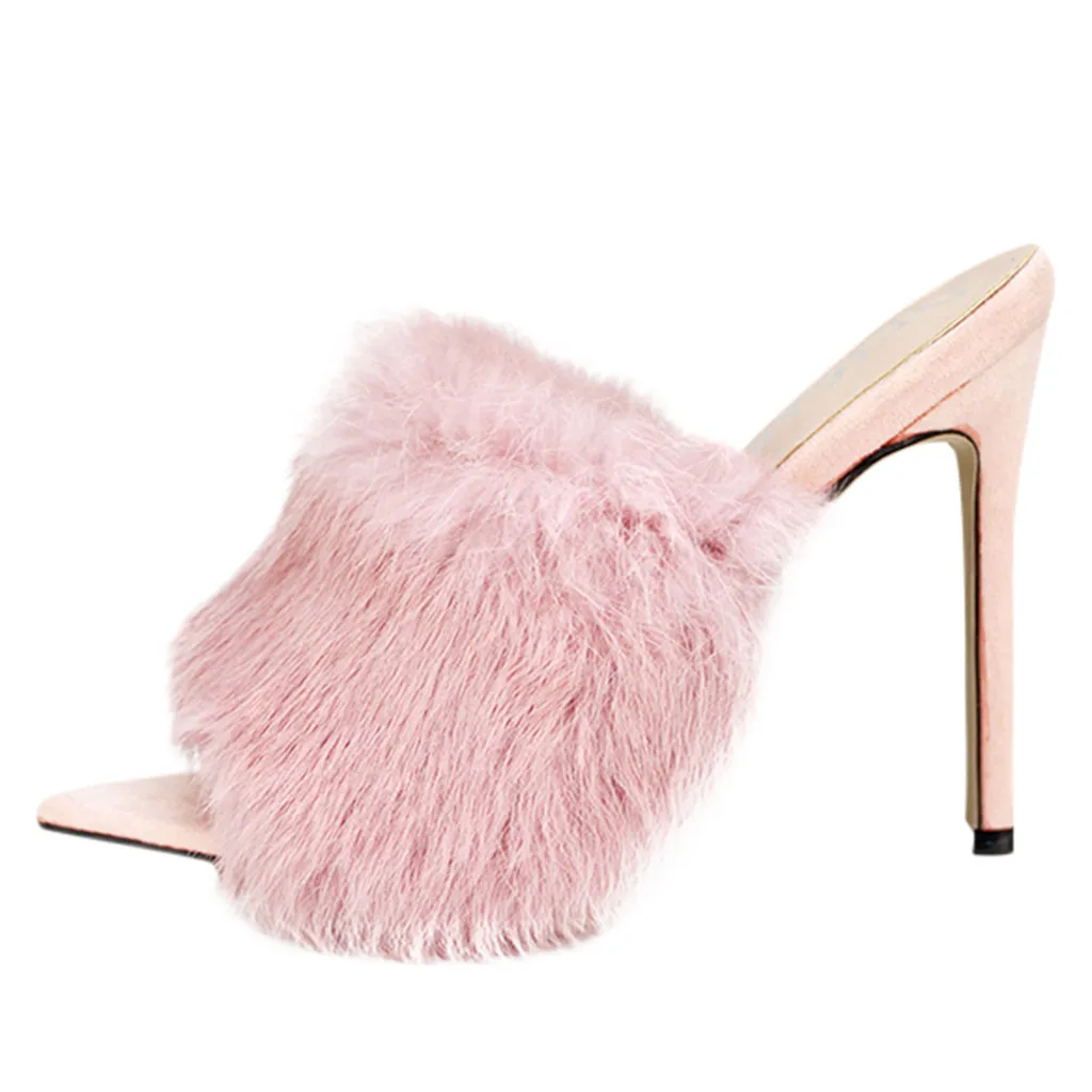 Женские туфли на высоком каблуке пикантные сандалии с кроличьим мехом открытым