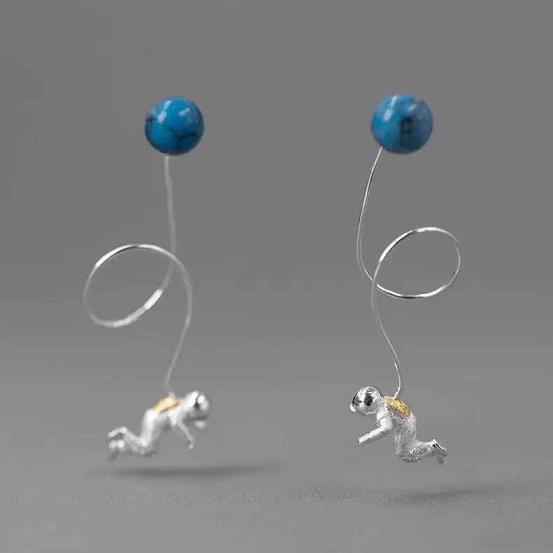 

925 Sterling Silver Jewelry Lapis Lazuli Astronaut Space Walk Women's Earrings Original Design Trendy Unique Cute Long Earrings