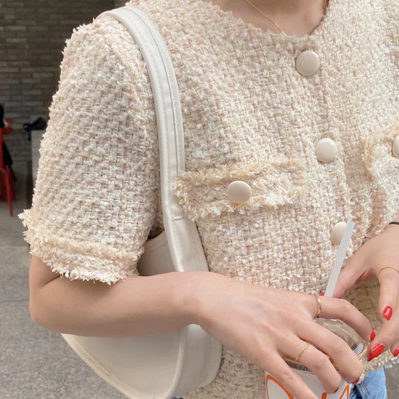 

Korean Style Women Fashion Short Sleeve Sweet Single Breasted Tweed Top Summer Office Lady Short Temperament Jacket Coat Clothes