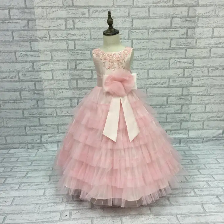 2021 New Flower Girls Dress Kids Sleeveless Tulle Layered Ball Gown with Big Bow Children Bridesmaid Party Vestido | Детская одежда и