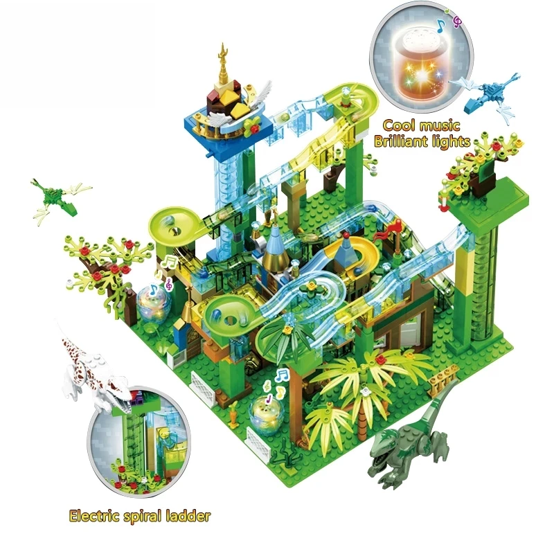 

Mailackers Ideas Marble Race Run with Light Electric Maze Ball Building Blocks Jurassic Dinosaur Park Jungle World Toys For Kids